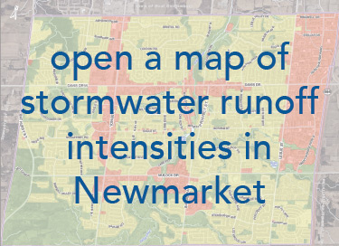 map of Newmarket showing stormwater runoff intensities with the text open a map of stormwater runoff intensities in Newmarket