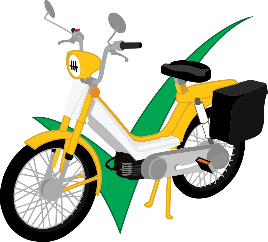 yellow and white moped with pedals infront of green check mark